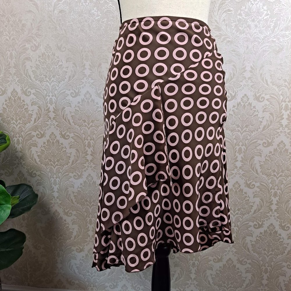 S.L.B. Size PS Brown Skirt Pink Circles 100% Silk Asymmetric Hemline Ruffles